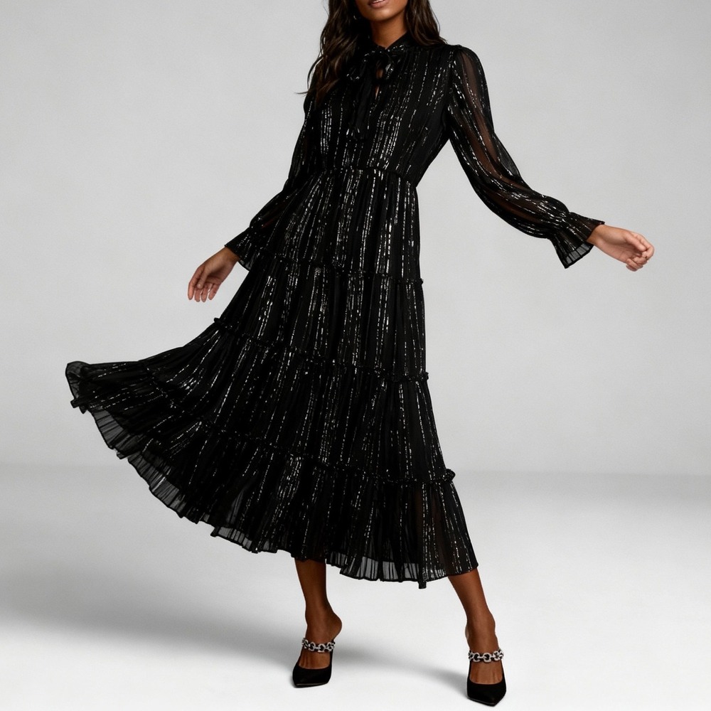 Elan Shimmer Stripe Long Sleeve Midi Dress Tiered Tie Neck Black size Medium